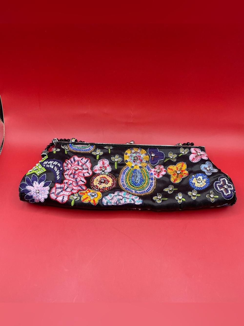 FAR NINE Embroidered Floral Beaded Black Clutch